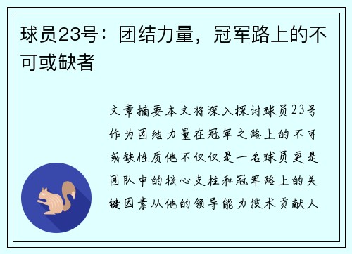 球员23号：团结力量，冠军路上的不可或缺者